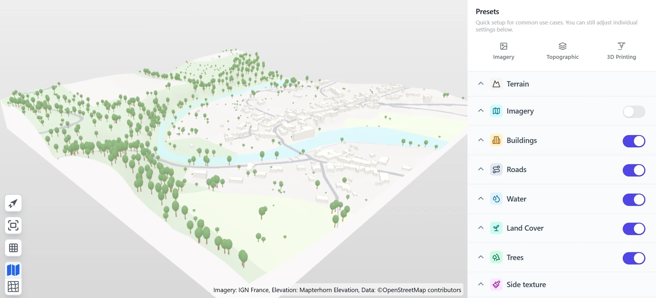The maps3d editor showing a generated 3D map