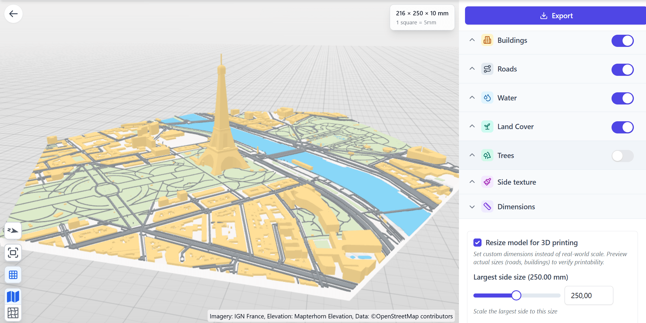 The Maps3D editor showing a hexagon-cropped 3D map preview next to the customization controls