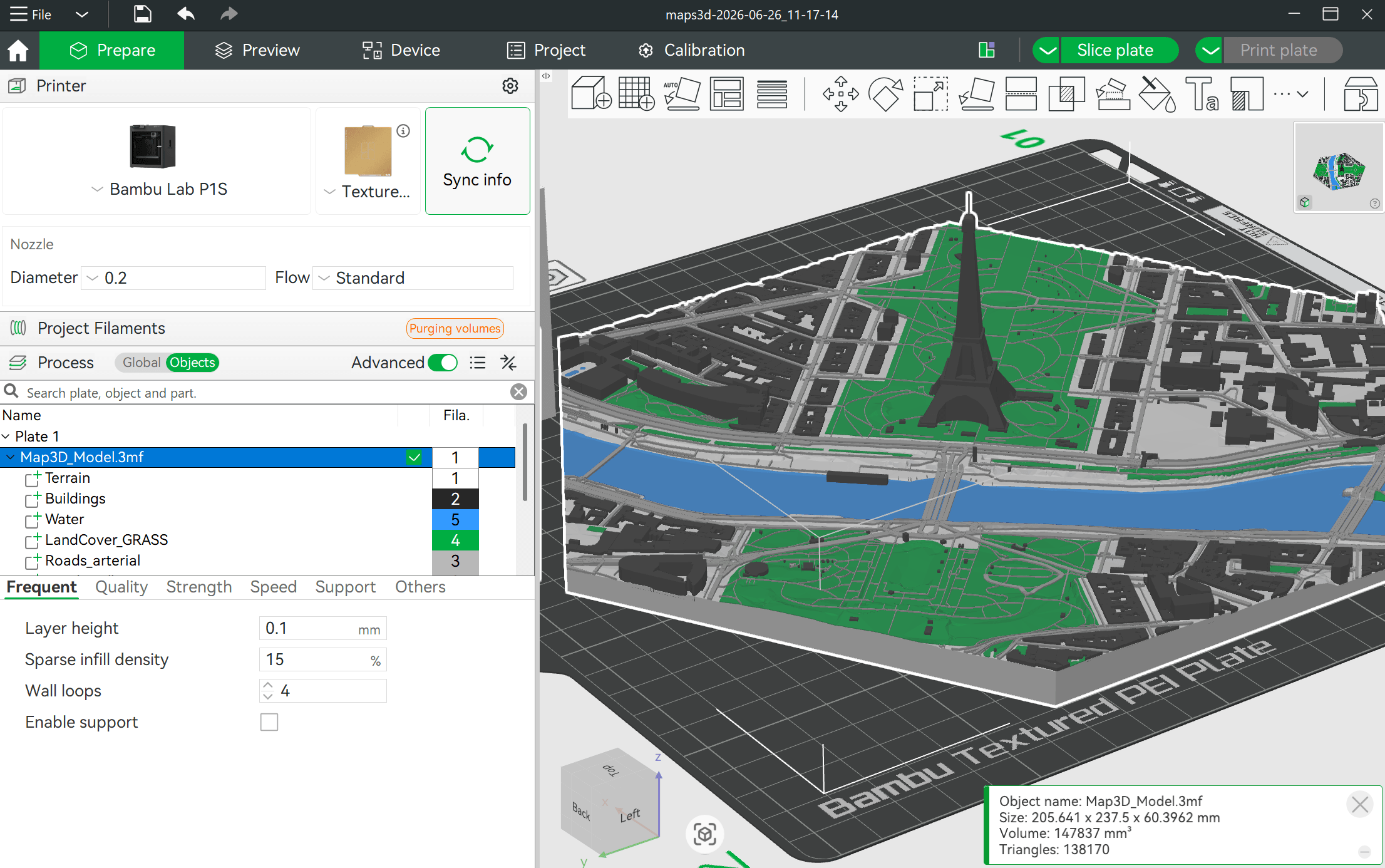 Bambu Studio with a Maps3D model imported cleanly, a filament assigned to each layer for multicolor printing