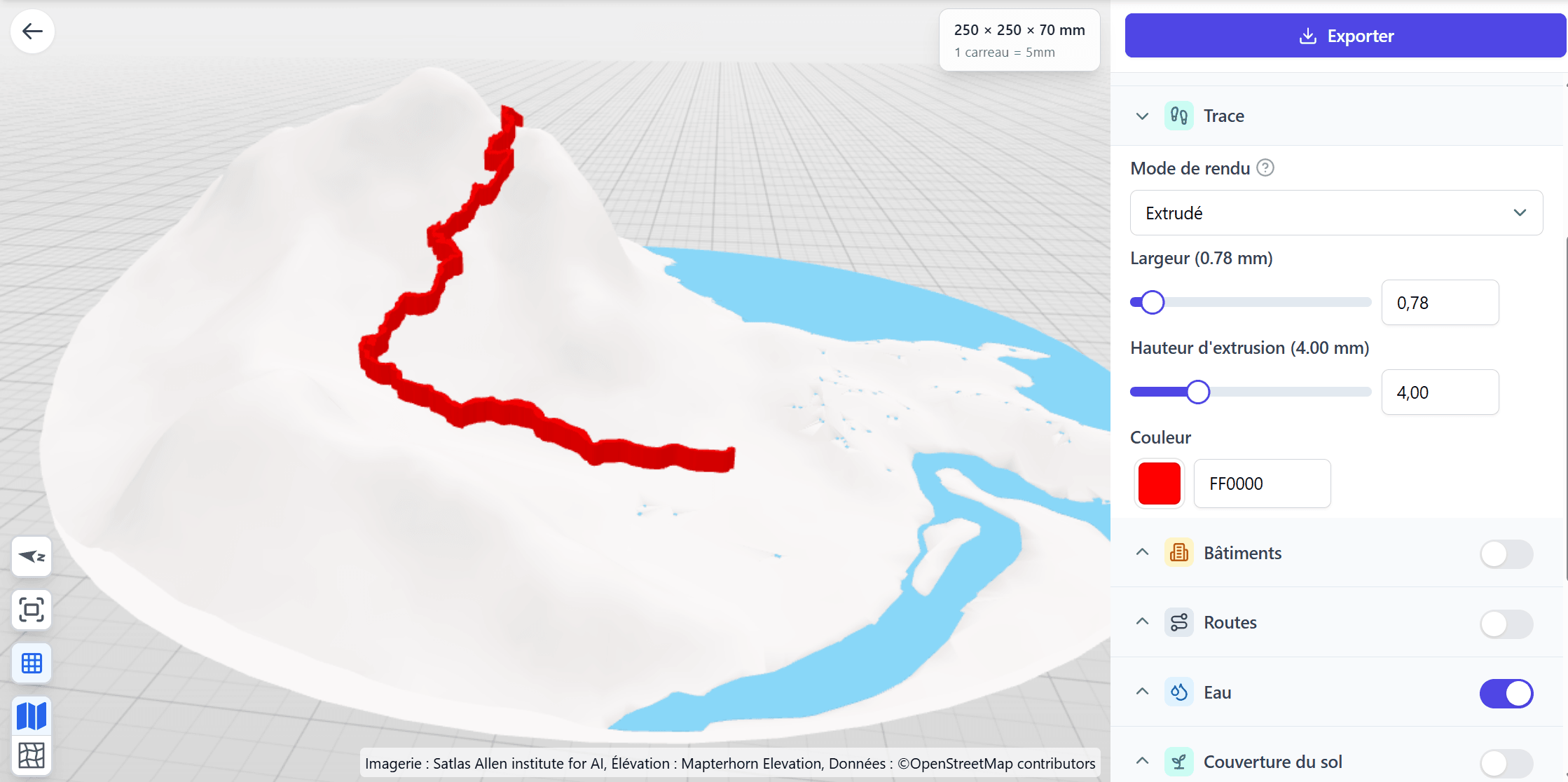 3D printed map with a GPS route raised over the terrain